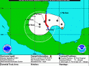 This National Hurricane Center graphic shows an approximate representation of coastal areas under a hurricane warning (red), hurricane watch (pink), tropical storm warning (blue) and tropical storm watch (yellow). The orange circle indicates the current position of the center of the tropical cyclone. It was issued September 14 at 2100 UTC.